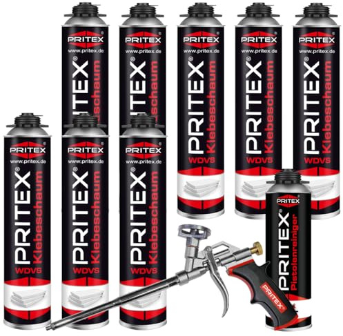 PRITEX WDVS Klebeschaum Set, 8x 750ml Dämmstoffkleber, Reiniger, Pistole