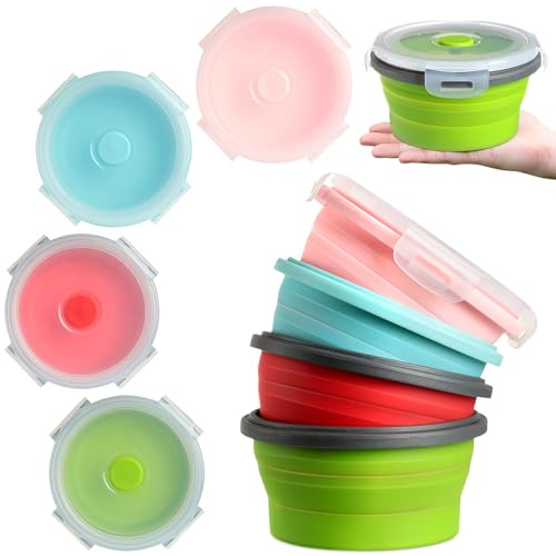 Suclain 4 Pcs Collapsible Bowls with Lids Silicone Camping Food Storage Container Expandable Folding Salad Lunch Box Travel Container for Hiking Camping(Red, Pink, Blue, Green,27 oz)