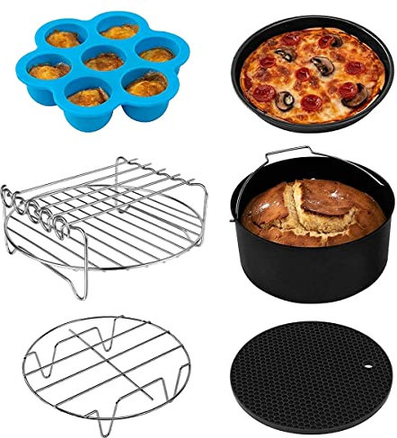 Bordhap 6 Accessoires de Friteuse à Air pour Friteuse à Double Air, Support de DéShydrateur Multicouche avec 4 Bâtons de Barbecue, Moule à Gâteau, (8 Pouces)