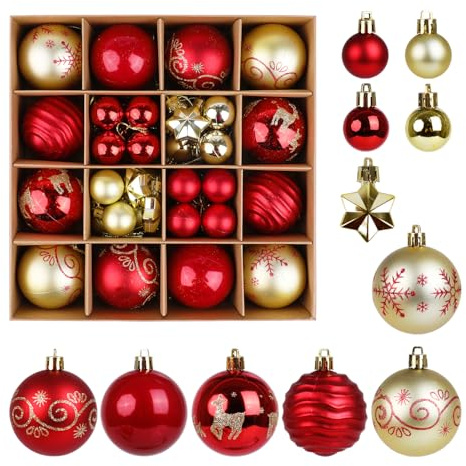 ZALAON 44 Pcs Christmas Ball Ornaments, 1.2/2.3 Inch Red Gold Christmas Baubles Christmas Tree Hanging Ball Set for Xmas Party Indoor Outdoor Decorations