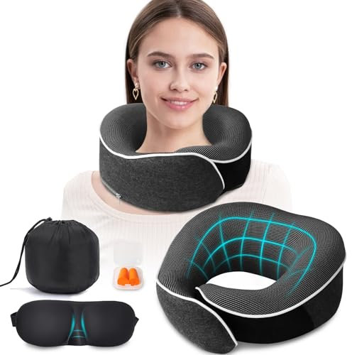 MILADO Airplane Neck Pillow, 360° Memory Foam Travel Pillow for Long Flights, Office & Car, Portable Adjustable Neck Support Pillow with Removable Cover, Compact Travel Size Dark Grey