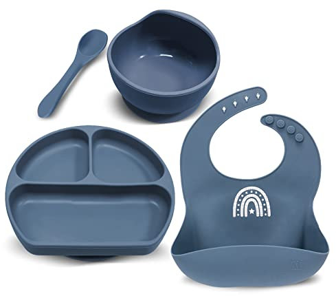 Baby Silikon Geschirrset mit Saugnapf Lätzchen Schüssel Löffel Mädchen Junge 4pcs