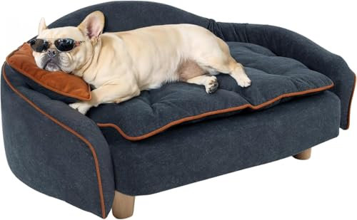 Erhabenes Hundesofa aus edlem Holz mit erhöhter Position, inklusive Schlafkissen und flexibler Hundematte - Ein stilvolles Haustiersofa in tiefem Blau für Katzen und kleine bis mittelgroße Hunde