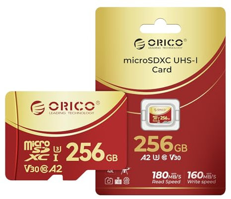 ORICO F3 256GB microSDXC UHS-I Speicherkarte, 180MB/s Lesen (benötigt DDR 220 Leser), 160MB/s, 4K UHD Aufnahme, U3, Class10, V30, A2, Micro SD für Action Kamera, Dash Cam, TF Karte