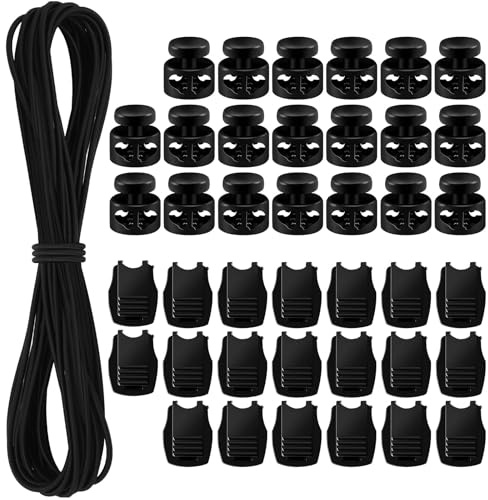 SEPGLITTER Elastische Gummischnur, 10 m Schwarzes Gummiband Gummikordel 10 Stück Reißverschluss und 10 Stück Doppel Loch Kunststoff Cord Locks für Reißverschlusskordeln für Rucksäcke, Schnürsenkel