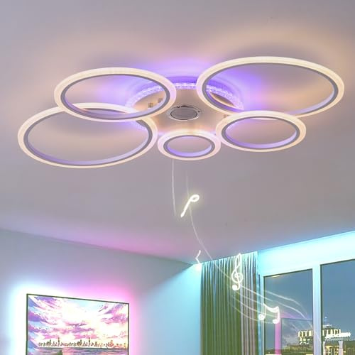 5 Ring Deckenbeleuchtung Mit Fernbedienung APP, 100cm RGB Dimmbar Deckenleuchten Mit Memory Funktion, Moderne Deckenlampe Mit Bluetooth Lautsprecher Und Timer Für Schlafzimmer Wohnzimmer Küche
