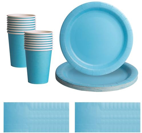 52pcs Blue Disposable Tableware Set - 20 Paper Napkins 16 Cups 16pcs 7inch Paper Plates | Biodegradable Solid Color Blue Dinnerware for Birthdays, Weddings, Kids Adult Christmas Party
