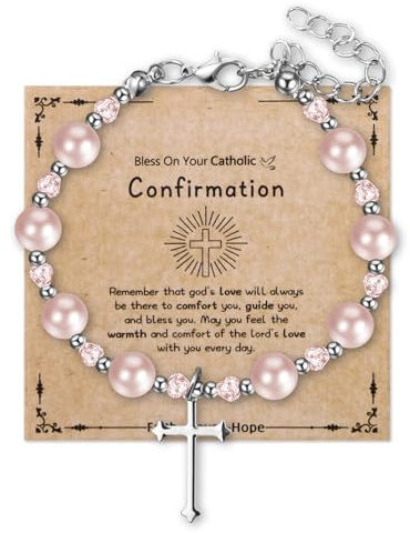 JewelryWe Bracelet Chapelet Chrétien Femme: Bracelet Perles Blanches Fantaisie avec Croix Jésus Christ et Médaille Vierge Marie Chaîne Réglable - Cadeau Baptême ou Communion Sacramentel