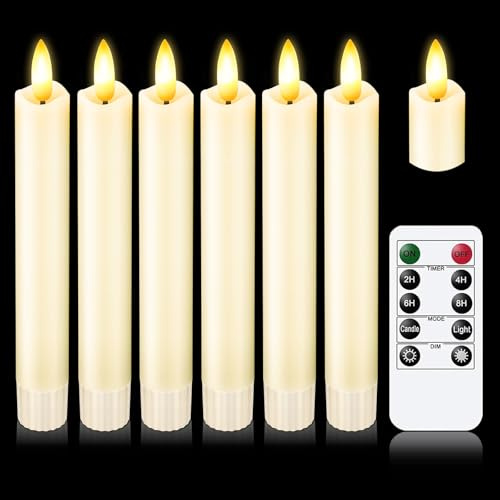 KSWING Upgraded Real Wax Short LED Flameless Taper Candles with Remote, 6 PCS Ivory Candlesticks Battery Operated 3D Flickering - 6 Realistic Fake Candle Sticks for Home/Wedding/Fireplace Xmas Decor