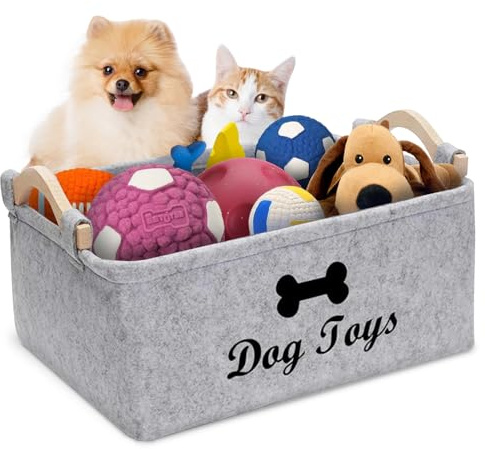 Hojalis Dog Toy Storage Basket, Felt Puppy Toy Storage Box with Wooden Handle, Collapsible Large Dog Toy Basket for Storing Pet Toys, Blankets and Accessories (Grey)