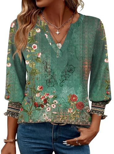 Rapbin Women Blouse Tops 3/4 Length Sleeve Fashion V-Neck Tunic Summer Casual Ladies Basic Business Tee Shirts 2025 (12-14, Bohemian Green)