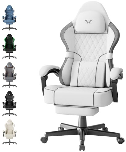 Ferghana Gaming Stuhl，Gaming Stuhl Ergonomisch, Gamer Chair mit verstellbare Kopfstütze und Lendenkissen，Armlehnen，Fußstütze，Racing PC Stuhl für Office Gaming (Weiß,Baumwolle-Leinen)