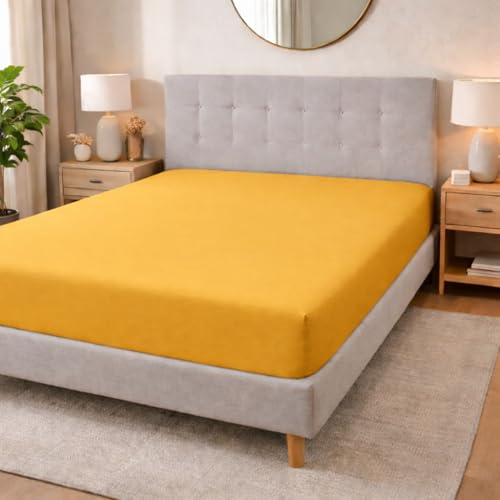 Lenzuolo Sotto con Angoli Matrimoniale 180x200 cm, Altezza 25 cm - 100% Cotone - Morbido, Traspirante (Senape, Matrimoniale)