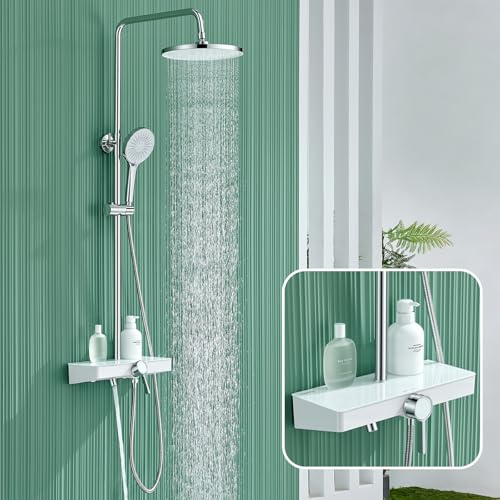 DelnVior Duschsystem ohne Thermostat mit 26 cm runder Regendusche & Handbrause Duscharmatur Komplettset Höhenverstellbar mit Sicherheitsglas-Ablage & multifunktionalem Schwenkauslauf