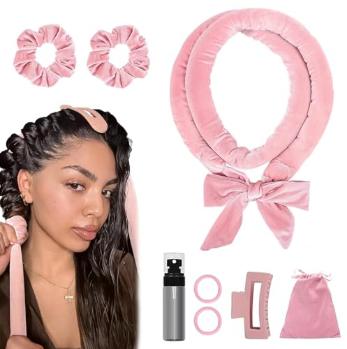 Heatless Curlers Headband Set,8 PCS Satin Heatless Hair Curlers - Overnight Curls No Heat Curling Rods Gift Set for Women Girls - Hair Curler Rollers Set to Sleep In,For Long Wave Hair Volume,(Pink)