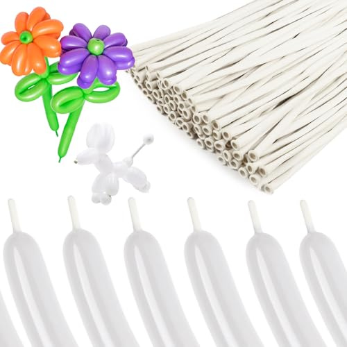 White 260 Balloons for Balloon Animals, 100PCS Long Balloons for Tying Balloon Arches, Thick Latex Long Skinny Twisting Balloons for Animals, Wedding & Party Decorations