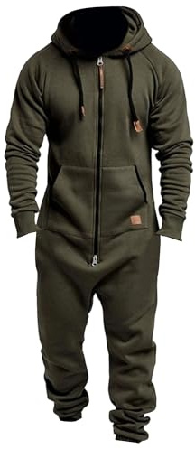 Herr overall med fleece och huva, varm jumpsuit med dragkedja, pyjamas, loungekläder, armégrön, medium