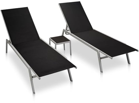 Gecheer Double Sun Lounger Set with Glass Table - Black, Steel, Textilene, Garden/Campsite Use Model48012