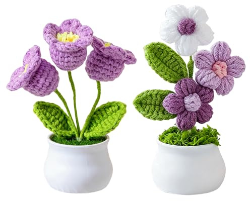 InteDesign Hand Crocheted Flowers, 2PCS Purple Crochet Flower Plant, Handmade Crochet Bell Orchid, Purple Knitted Bouquet, Simulated Small Potted Plant,for Home Office Desktop Car Decoration,Gifts