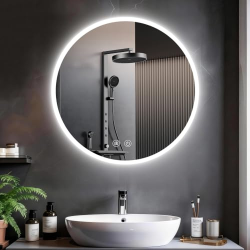 Badspiegel mit Beleuchtung, 60cm Runder LED Bad Spiegel Beschlagfrei Rund | Spiegel Rund Mit Beleuchtung, Badspiegel Mit Touch Schalter Speicherfunktion 3 Lichtfarben, Dimmbar, HD Hartglas Wandspiegel