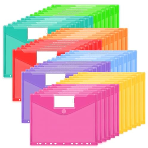 JEFURE A4 Dokumententasche, mit Klettverschluss, 48 Stück, 8 Farben | Durchsichtige Dokumentenmappe, Wasserabweisend, 11-Loch, Etikettentasche, für Dokumente Organisation, Büro und Schule