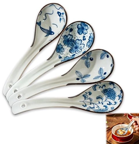 4 st. matskedar porslin set, asiatiska soppskedar, retro blått mönster ramen sked, porslin sked för soppa, dumplings, Pho, Wonton, miso, risskålar, ramen, förrätter, desserter, etc (4)