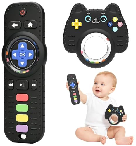 Felly 2 Piezas Mordedor Bebe de 3-12 Meses, Juguete de Silicona Mando para Bebés Morder, Juguetes Baño con Sonajero, Juguetes para Alivio de la Dentición, Regalo para Bebé Niño Niña