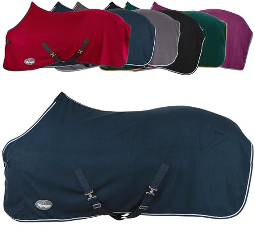 Marengos - Abschwitzdecke Economic mit Kreuzgurten (abnehmbar) | Pferdedecke mit Frontschnalle, Schweifkordel & Widerristpolster | atmungsaktive Fleecedecke | Pferde Zubehör in Dunkelblau | 155cm