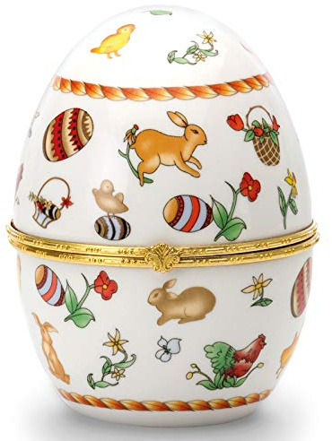 große vergoldete Porzellan Deko Eidose Ø 10 cm - aufklappbares Osterei mit Ostermotiven zum Aufstellen - 12 cm hohe Dose für Ostern oder Frühlings-Deko oder zum Befüllen mit Kleinigkeiten