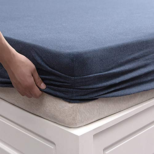 PURE ERA Jersey Knit Cotton Fitted Bottom Sheet ONLY (No Flat Sheet or Shams) Deep Pocket Up to 15 to 20 Ultra Soft Comfy Breathable Heathered Navy Blue Queen