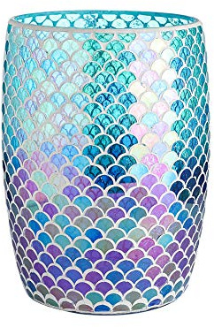 WHOLE HOUSEWARES Poubelle de salle de bains en verre mosaïque brillant bleu, motif sirène, thème océan, pour filles, pour salle de bains ou cuisine, 19,1 x 25,4 cm