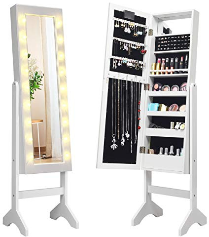Giantex Standing Jewelry Armoire with 18 LED Lights Around the Door, Large Storage Mirrored Jewelry Cabinet with Full Length Mirror, 16 Lipstick Holders, 1 Inside Makeup Mirror (White)