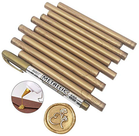 VARACL - Confezione da 10 bastoncini di ceralacca per lettere vintage con sigillo di cera per colla per inviti di nozze, buste e biglietti di auguri, con una penna metallica color oro (oro anticato)