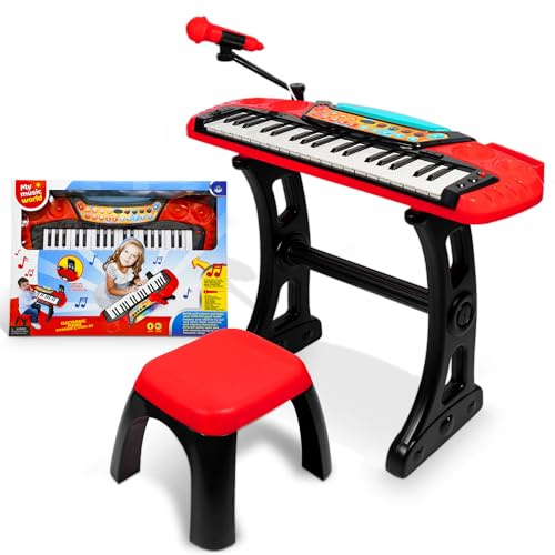 37 Tasten Klaviertastatur mit Hocker, Kinder Keyboard mit Ständer, Klavier Spielzeug elektronisch, Musikinstrument, Aufnahme- und Abspiel-Funktion, inkl. Mikrofon, Standkeyboard 58 cm Rot/Schwarz