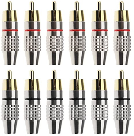 ECSiNG 12PCS RCA Male Plug Screws Audio Video Gold-Plated In-Line Jack Terminal Connector Adapter Solderless RCA Plug Black & Red