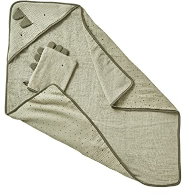 Vertbaudet Kapuzenbadetuch & Waschhandschuh,Kleiner Dino Oeko Tex® grün 100X100