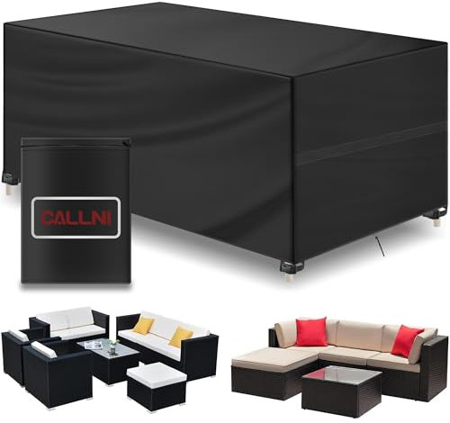 Callni Abdeckung für Gartenmöbel, Wasserdicht Abdeckplane 420D Oxford Gewebe mit Windfest Klipse, Winterfest Anti-UV Gartentische Schutzhülle für Balkonmöbel Möbelsets Lounge 150x130x90cm