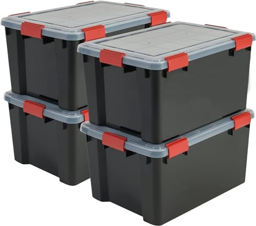 Iris Ohyama, Boite Rangement Hermétique, 50L, Lot de 4, Noir, Couvercle avec Joint Etanche, 6 Clips de Fermeture, Empilable, pour Exterieur, Garage, Vetement, Anti Poussiere, Sans BPA, AT-L