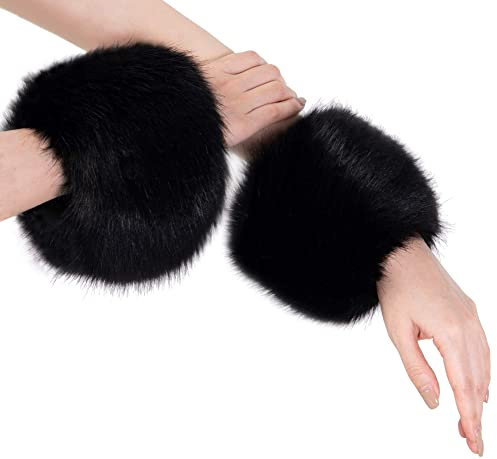 Faux Fur Wrist Cuffs, Winter Faux Fur Wrist Band Ring Cuffs Warmer Fluffy Wrist Cuffs Soft Faux Fur Cuffs Fur Sleeve Cuffs Winter Wrist Band for Women Girls(1 Pair) (Black)