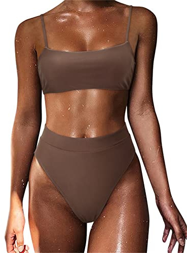 MOSHENGQI Women High Waisted High Cut Bikini Push Up Bandeau Swimsuits (M, Cocoa Brown)