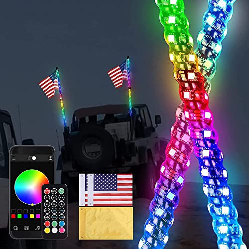 REHOOF Lumières De Fouet À LED De Danse 3FT, Spirale RGB LED Fouet Lumière avec Télécommande E APP Contrôles Flagpole Light Compatible pour UTV ATV