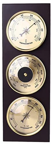 RUNLAIKEJI Baromètre 3 en 1 à suspendre, station météo avec cadre en bois, baromètre, hygromètre, thermomètre, 31 cm x 11 cm, pas besoin de piles, baromètres instruments météo