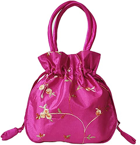 SINSEN Bolsa pequeña con cordón para regalo, bolsa de regalo bordada de satén, bolsa de mano Potli, monederos de joyería étnica brocado, monederos para Año Nuevo, rosa (b), 7.4*7.4*2 inches