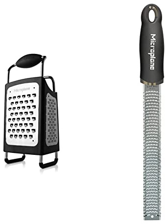 Microplane Rallador Caja 4 Caras, Acero Inoxidable, Negro, 27x13.90x9.5 cm & Zester Rallador, Acero Inoxidable, Negro, 32.50x3.5x2.56 cm