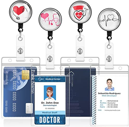 4 Stück ID Ausweishalter mit Schwenkbarer Clip, 4 Stile Ausweis JoJo Ausweishalter Ausziehbar klarer Vertikales Ausweishülle mit 60 cm Zugseil für Freiwillige Ärzte Krankenschwestern Lehrer, Studenten