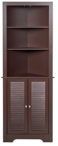 Multigot Bathroom Floor Cabinet, Triangle Tall Cupboard with Shutter Door, Adjustable Shelves & 3 Open Shelves, Freestanding Corner Organizer Unit for Kitchen Living Room (Espresso)