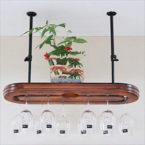 MAZAGE Bar Hanging Bar Wine Counter Rack Ristorante Bicchiere da Vino Vino Sottosopra Arte del Ferro + Portabottiglie in Legno massello, 60 * 28cm Needed