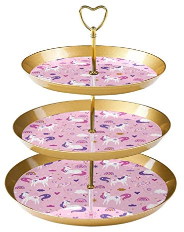 JAVENPROEQT 3-Tier Cupcake Stand Cake Holder, Cute Unicorns Rainbows Clouds Stars Pattern Reusable Serving Tray Pastry Display Tower for Birthday Baby Shower Tea Party