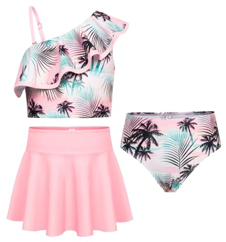 GRACE KARIN Mädchen Dreiteiliges Bikini Set Tankini Verstellbar Schultergurt Oberteil mit Bikinibrief und Schwimmrock Rosa Palme 12 Jahre