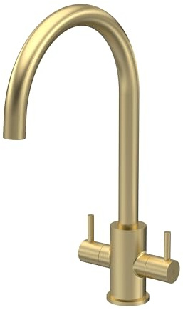 Balterley Kitchen Tap with Dual Lever Handles, Mono Kitchen Mixer Tap, Brushed Brass Mono Mixer Taps for Sink, Round Base with Curved Swivel Spout Taps for Sink - 129 x 246 x 363mm (Brushed Brass)